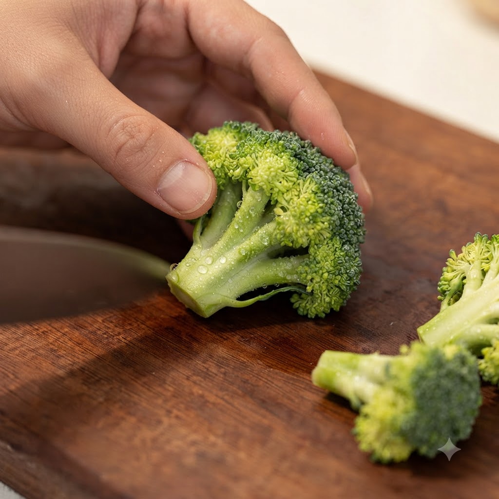 A hand holding a fresh green broccoli floret on a wooden cutting board, preparing to cut it with a knife.