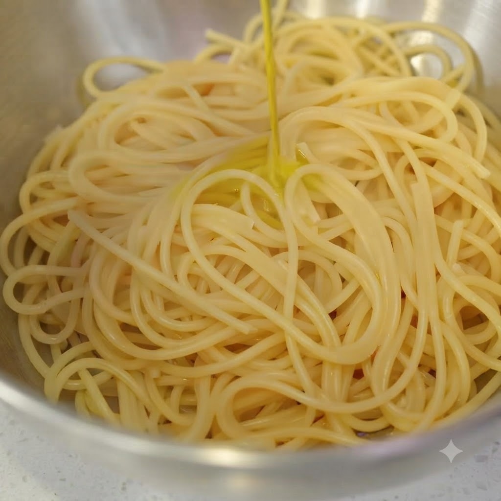 Golden olive oil being poured over a mound of cooked spaghetti noodles inside a stainless steel mixing bowl.