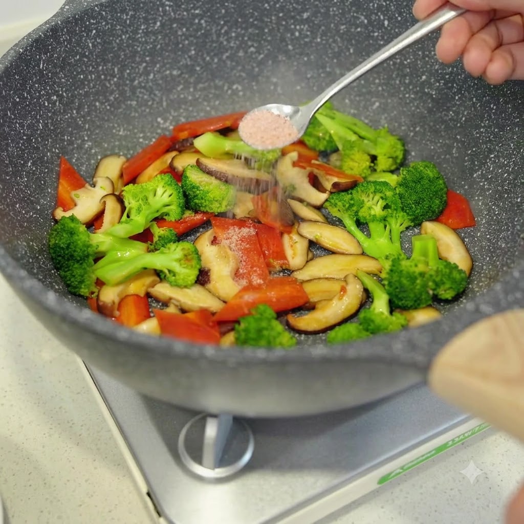 Salt being sprinkled from a spoon onto stir-frying vegetables in a pan.