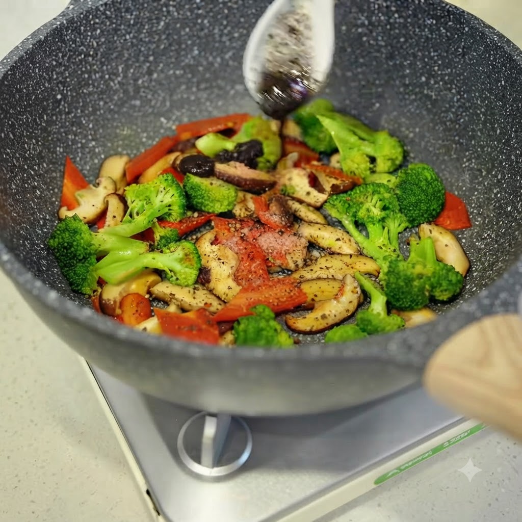 A spoonful of black truffle sauce being added to a pan of mixed vegetables.