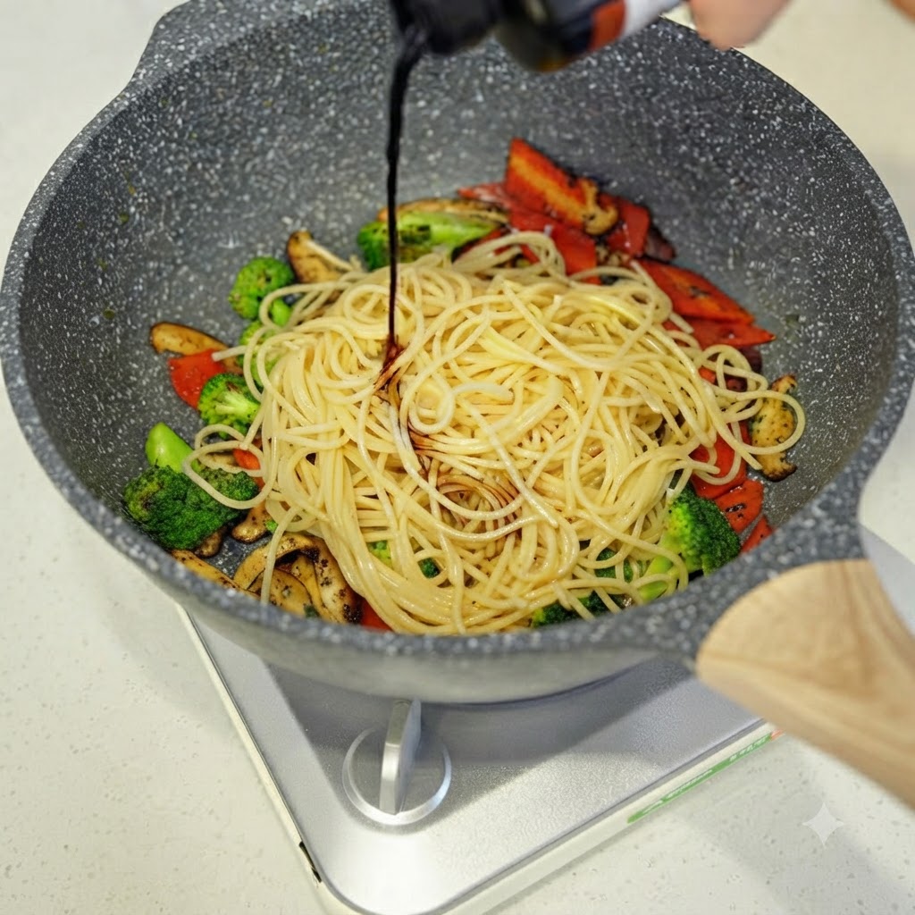 Dark soy sauce being poured from a bottle onto spaghetti and mixed vegetables inside a grey cooking pan.