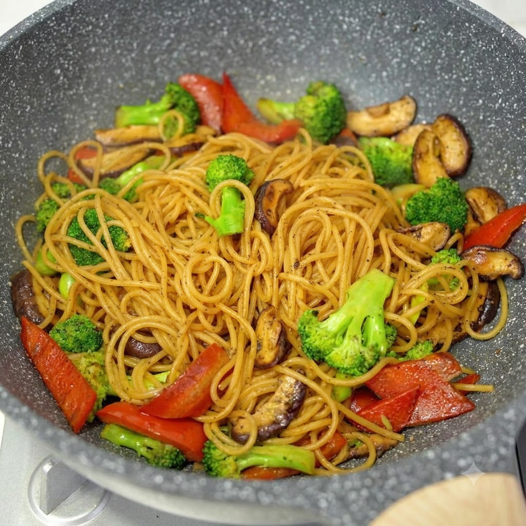 Stir-fried spaghetti with broccoli, mushrooms, and red bell peppers in a wok right before plating.