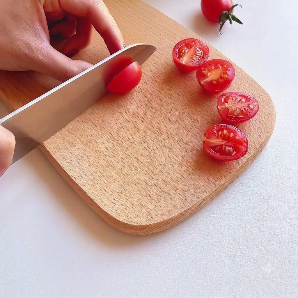 Cherry tomatoes being cut in half on a wooden cutting board using a chefs knife.