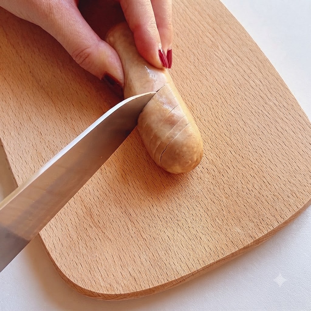A sausage being sliced vertically on a wooden cutting board with a knife.