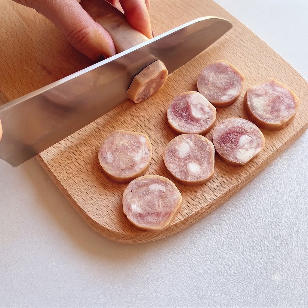 Sausages being sliced into neat rounds on a wooden cutting board with a knife.