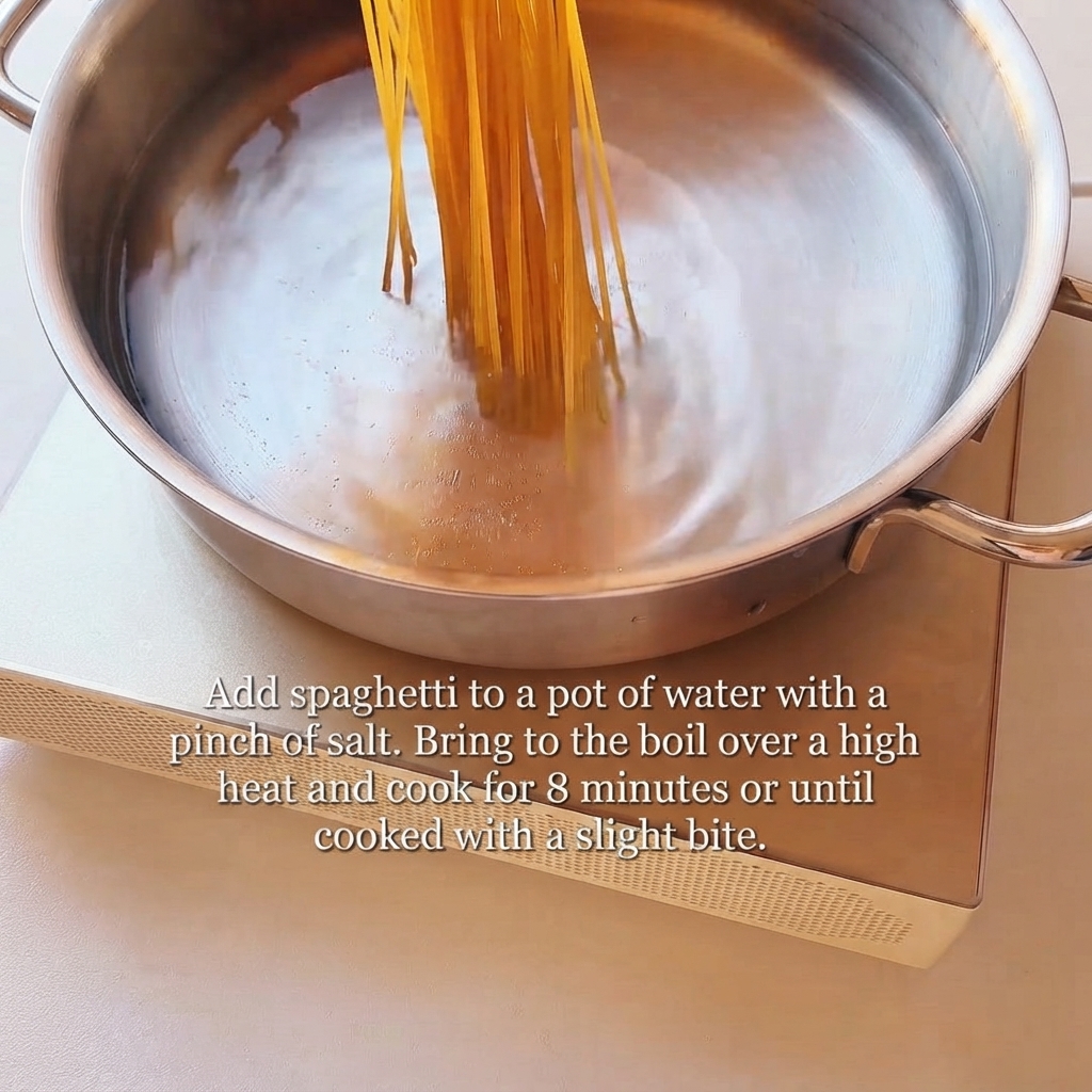 Spaghetti noodles being submerged into a pot of boiling water.