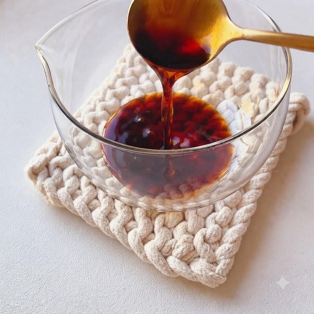 Dark sauce ingredients being poured and combined inside a glass mixing bowl.