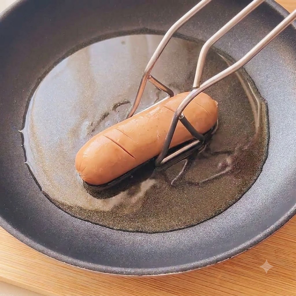 Whole scored sausages frying in hot oil inside a skillet.