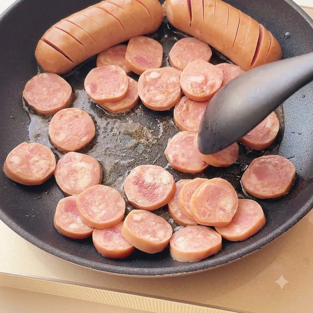 Sausage slices browning in an oiled pan alongside two whole scored sausages.