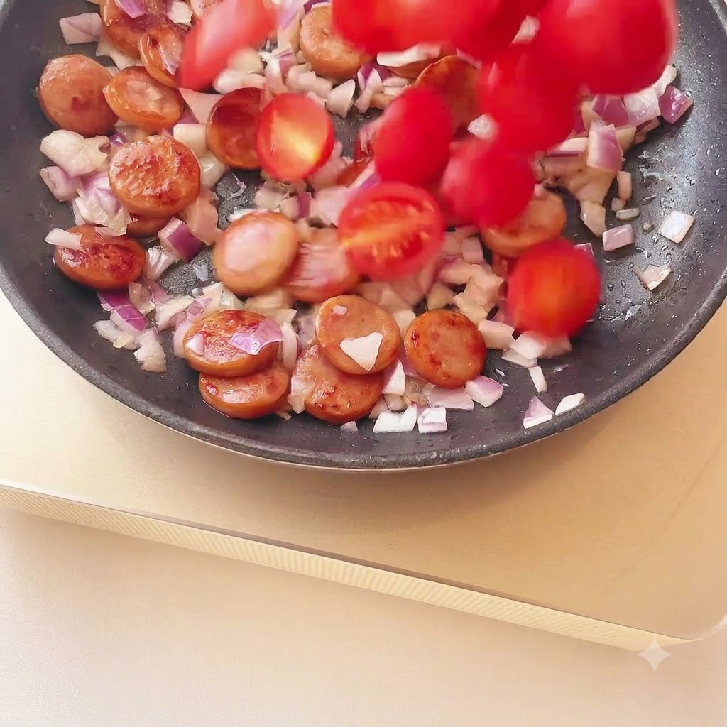Cherry tomato halves falling into the pan over the cooked onions and sausage slices.