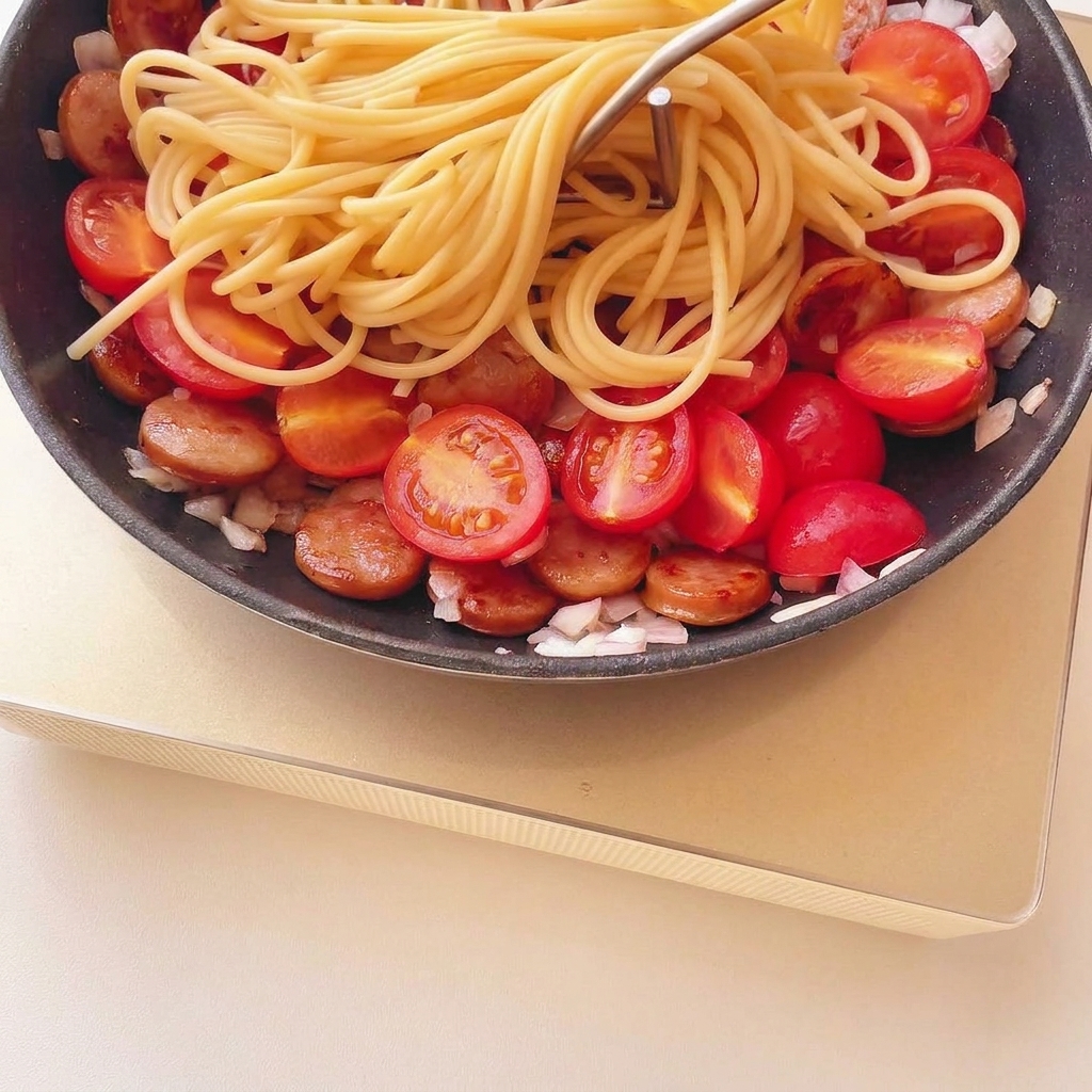 Spaghetti noodles resting on top of the tomato and sausage mixture in a pan.