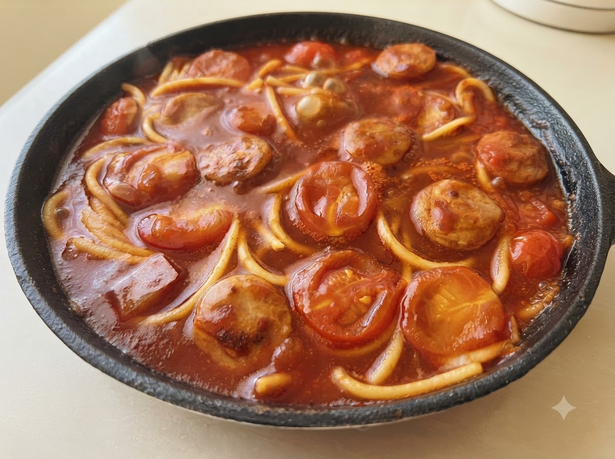 Rich red pasta sauce simmering with spaghetti, sausage slices, and tomatoes in a pan.