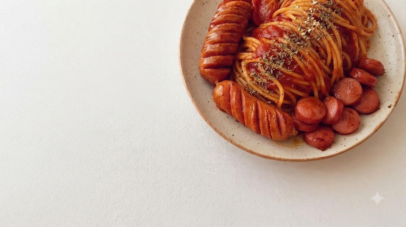 A plate of cooked tomato spaghetti garnished with dried basil leaves and black pepper, served alongside sliced sausages and two whole scored sausages.