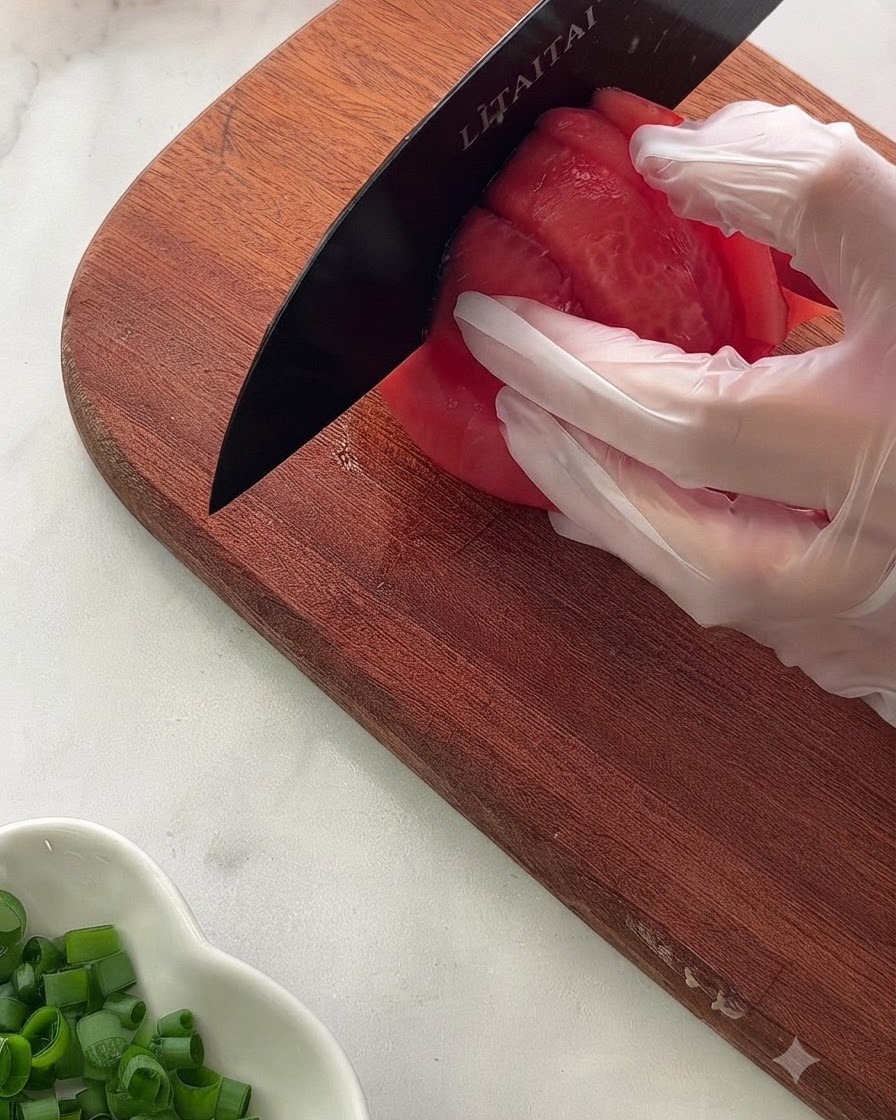 A hand wearing a protective glove holding a peeled tomato on a wooden cutting board while slicing it with a black knife.
