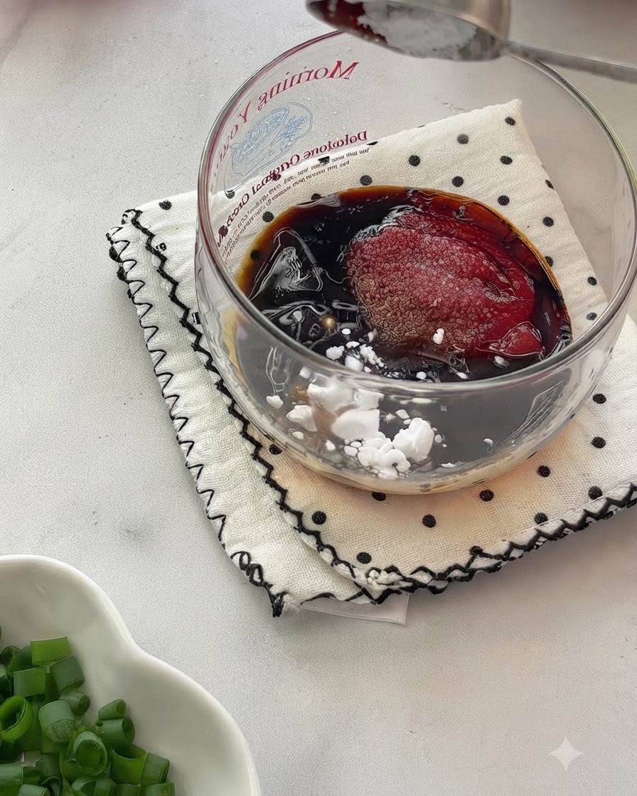 A spoon stirring a blended liquid sauce mixture inside a glass bowl placed on a patterned cloth surface.