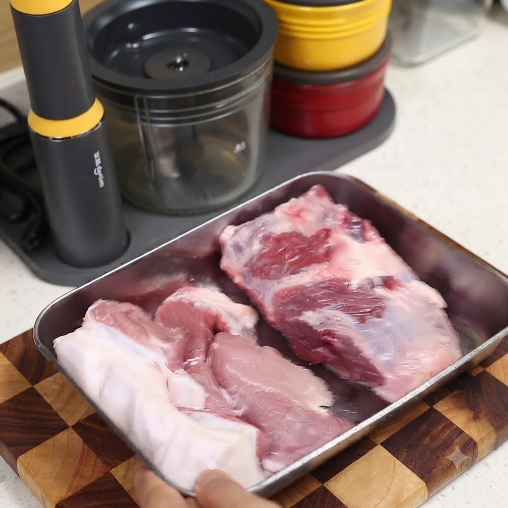 Raw pork chunks placed on a tray near a cutting board and kitchen appliances.