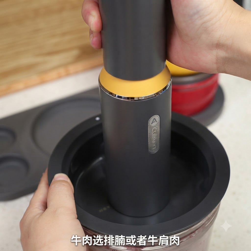 Minced meat chunks contained inside a food processor bowl.