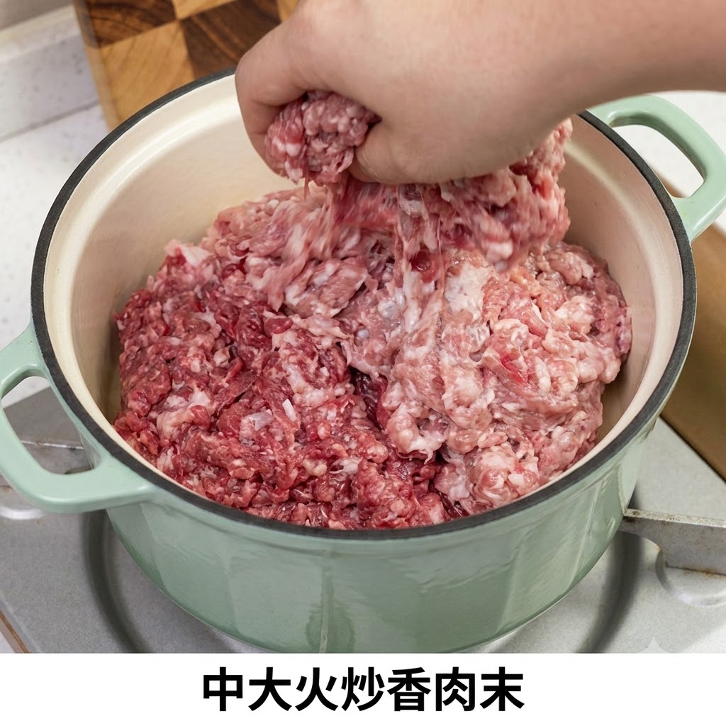 Minced meat being added and stir-fried in a green pot on the stove.