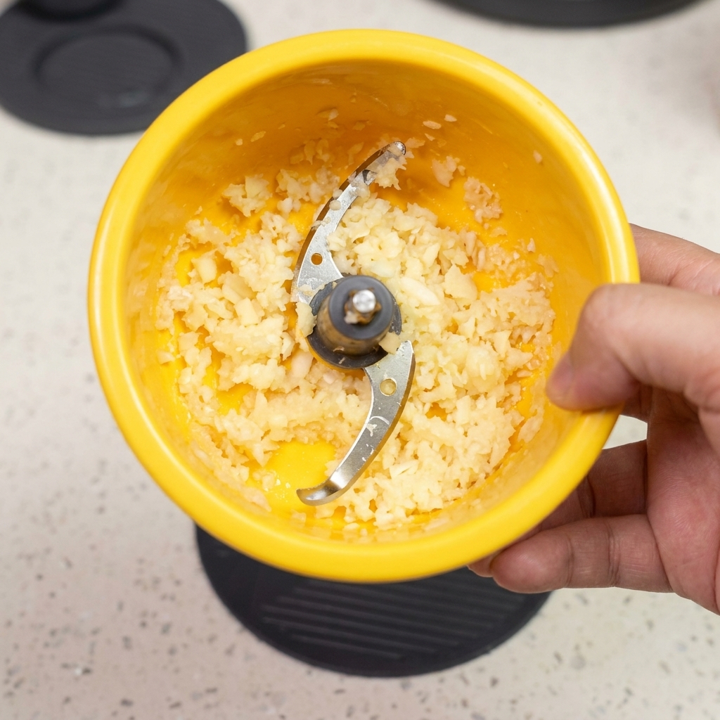 Minced garlic displayed inside a small yellow bowl with a blade mechanism.