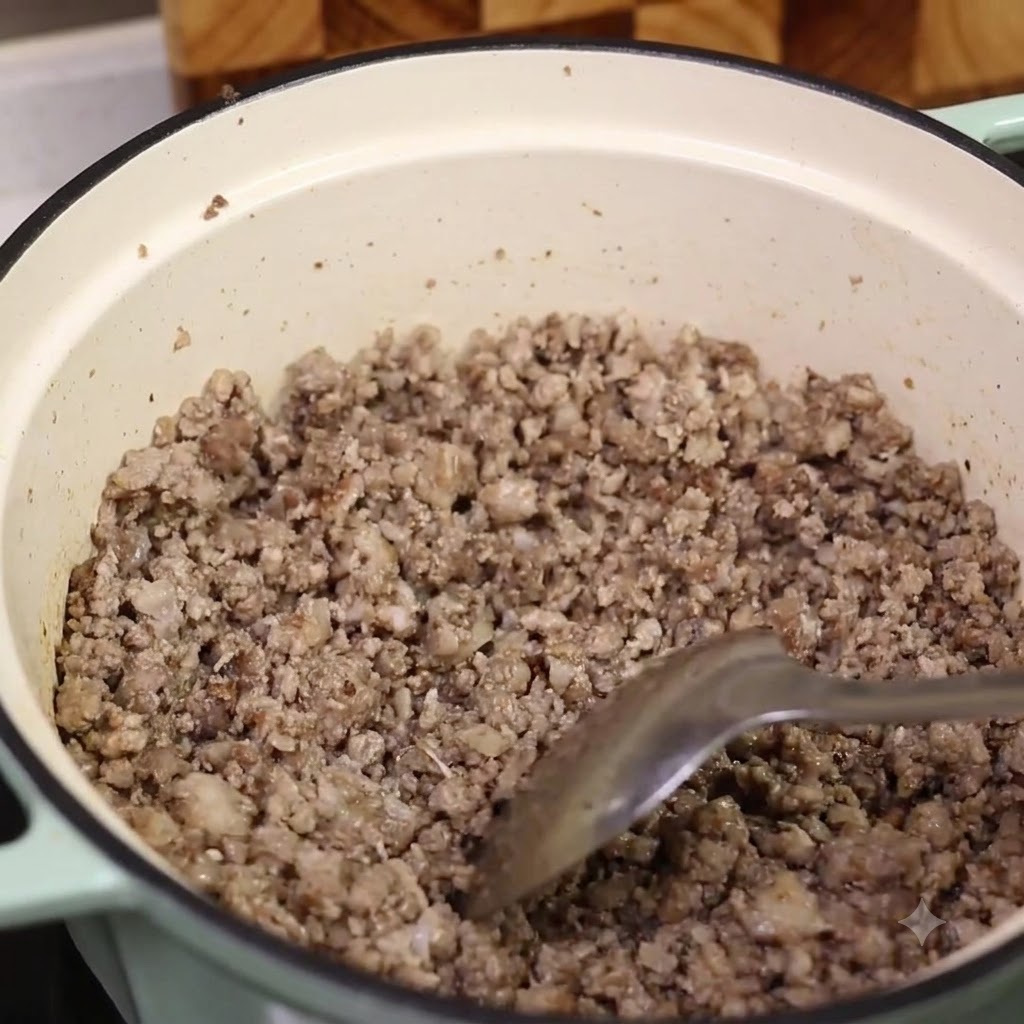 A spatula scooping cooked meat sauce from a pot, revealing browned fond at the base.