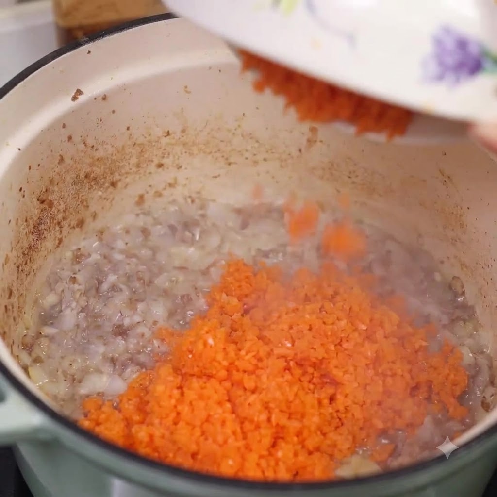 Chopped carrots being poured from a white plate into the pot containing the sautéed mixture.