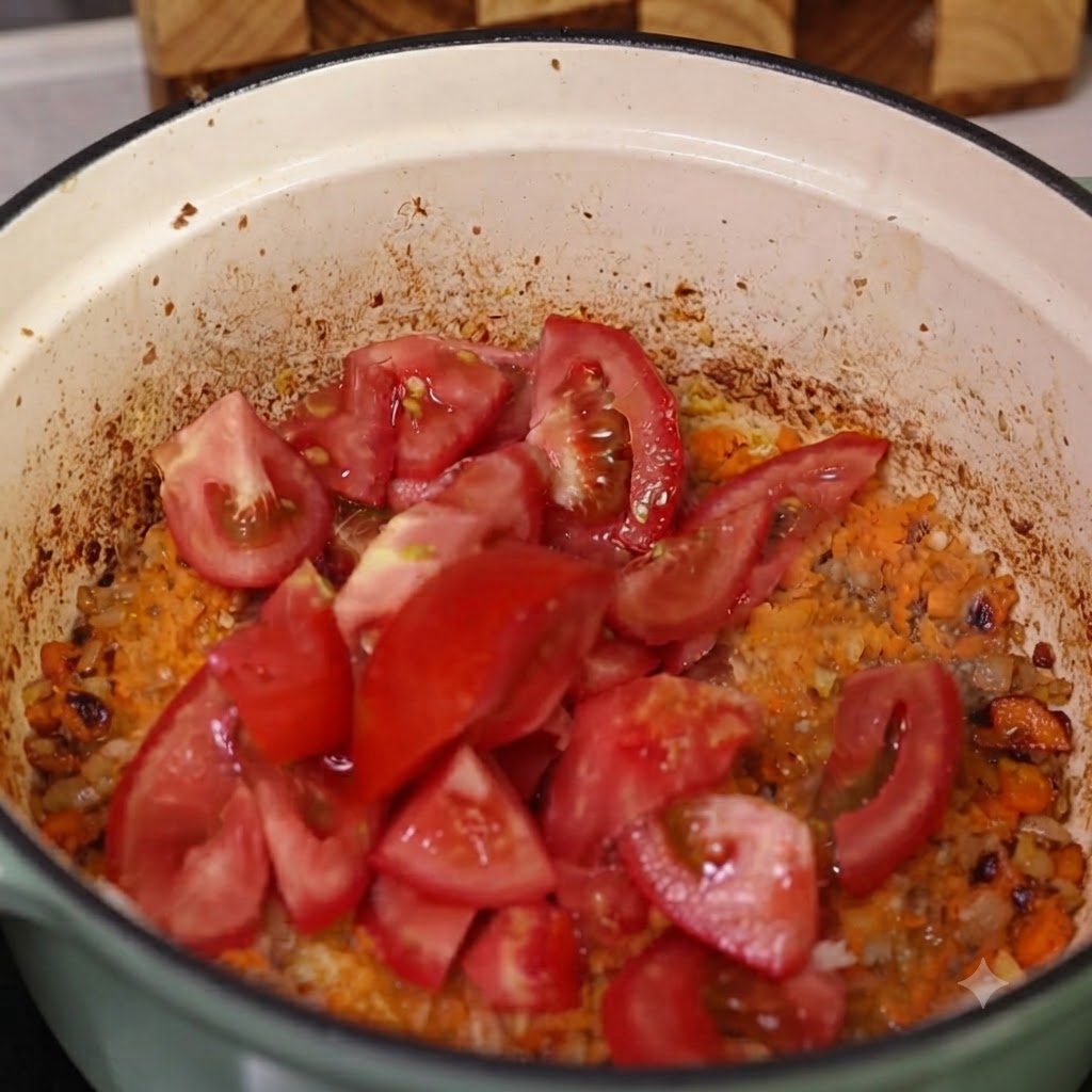 Freshly chopped tomato wedges and tomato paste being added into the pot over the vegetable and meat mixture.