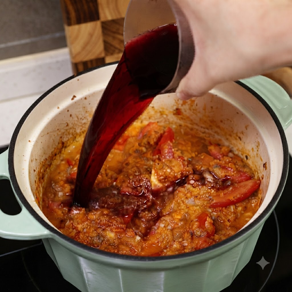 Dry red wine being poured from a glass measuring cup into the pot with the tomato and meat mixture.