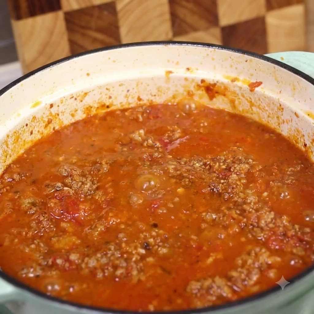 The simmering sauce mixture in the pot after adding seasonings and liquid.