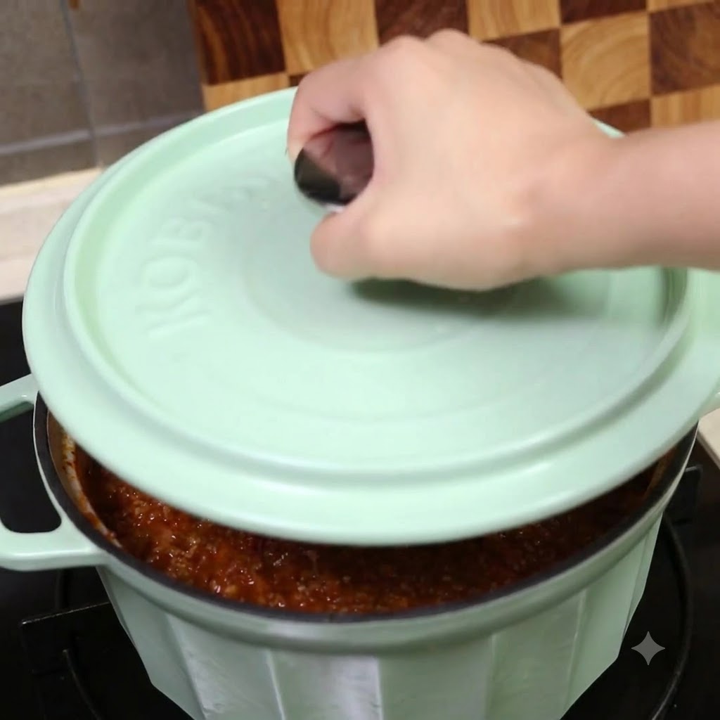 A hand placing a light green lid onto the pot filled with the sauce mixture.
