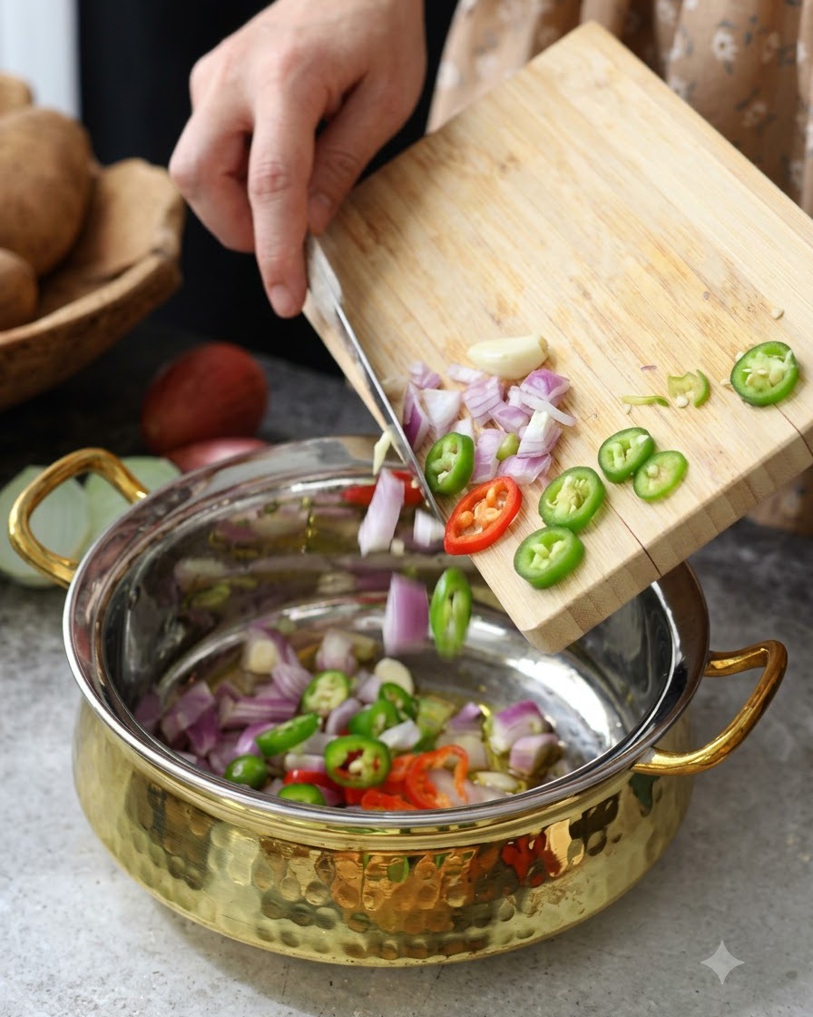 Sliced jalapenos and red onions being swept from a wooden cutting board into a metal pot with hot oil.