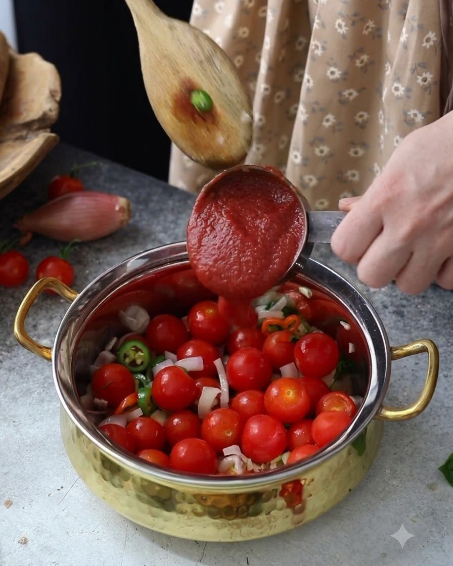 Tomato puree being poured from a measuring cup into a pot filled with cherry tomatoes and sauteed vegetables.