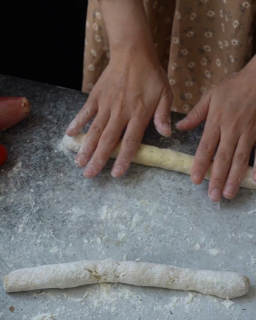 Hands rolling a piece of gnocchi dough into a long log on a floured gray surface.
