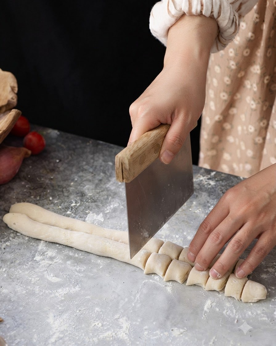 A metal dough scraper cutting a rolled dough log into small, uniform pieces on a floured surface.