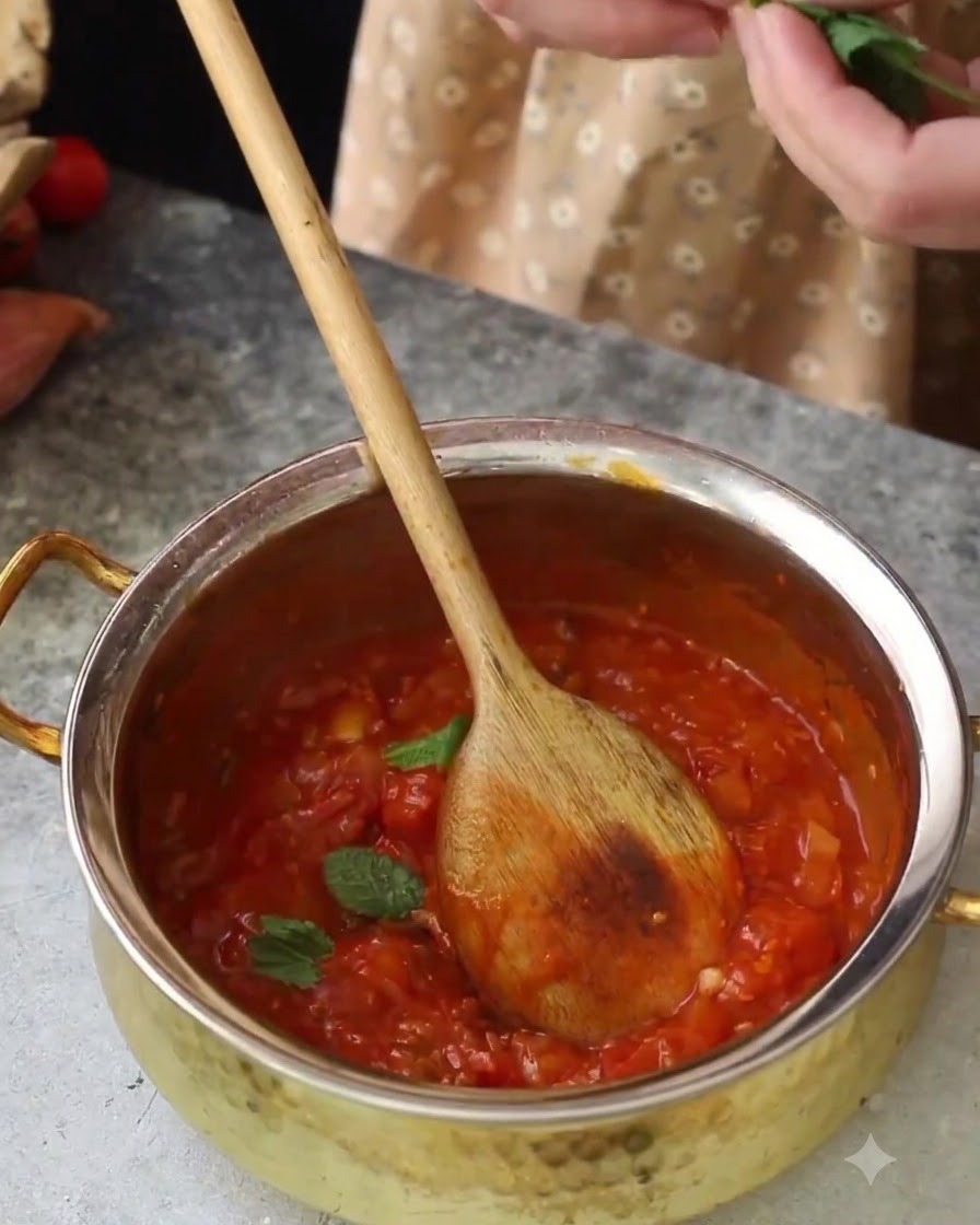 A wooden spoon stirring a simmering red tomato sauce in a pot while fresh basil leaves are added.