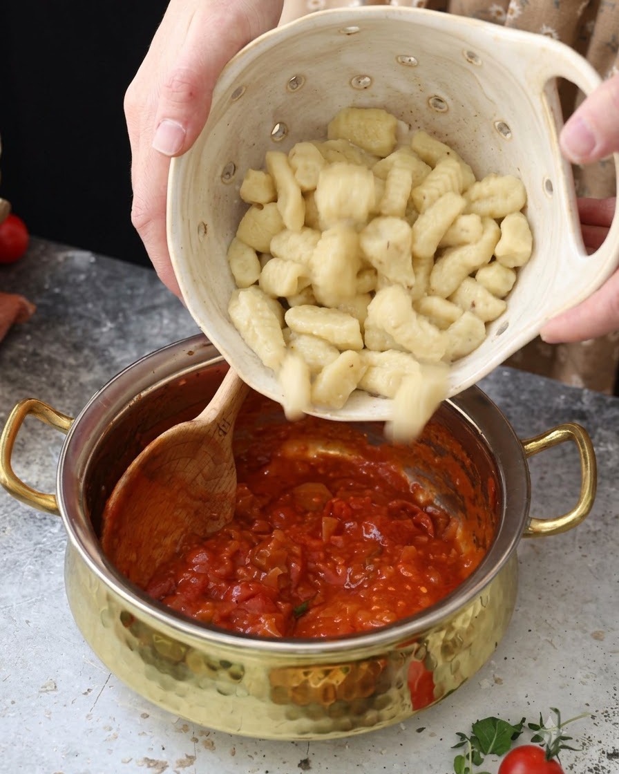 Boiled gnocchi being poured from a ceramic strainer into a pot of red tomato sauce.