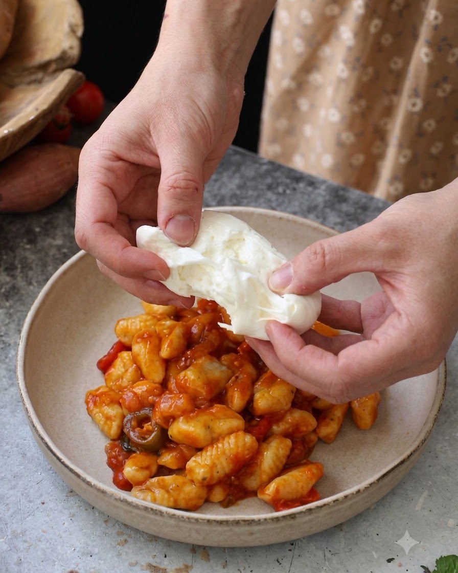 Hands tearing fresh white burrata cheese over a plated bowl of gnocchi in tomato sauce.