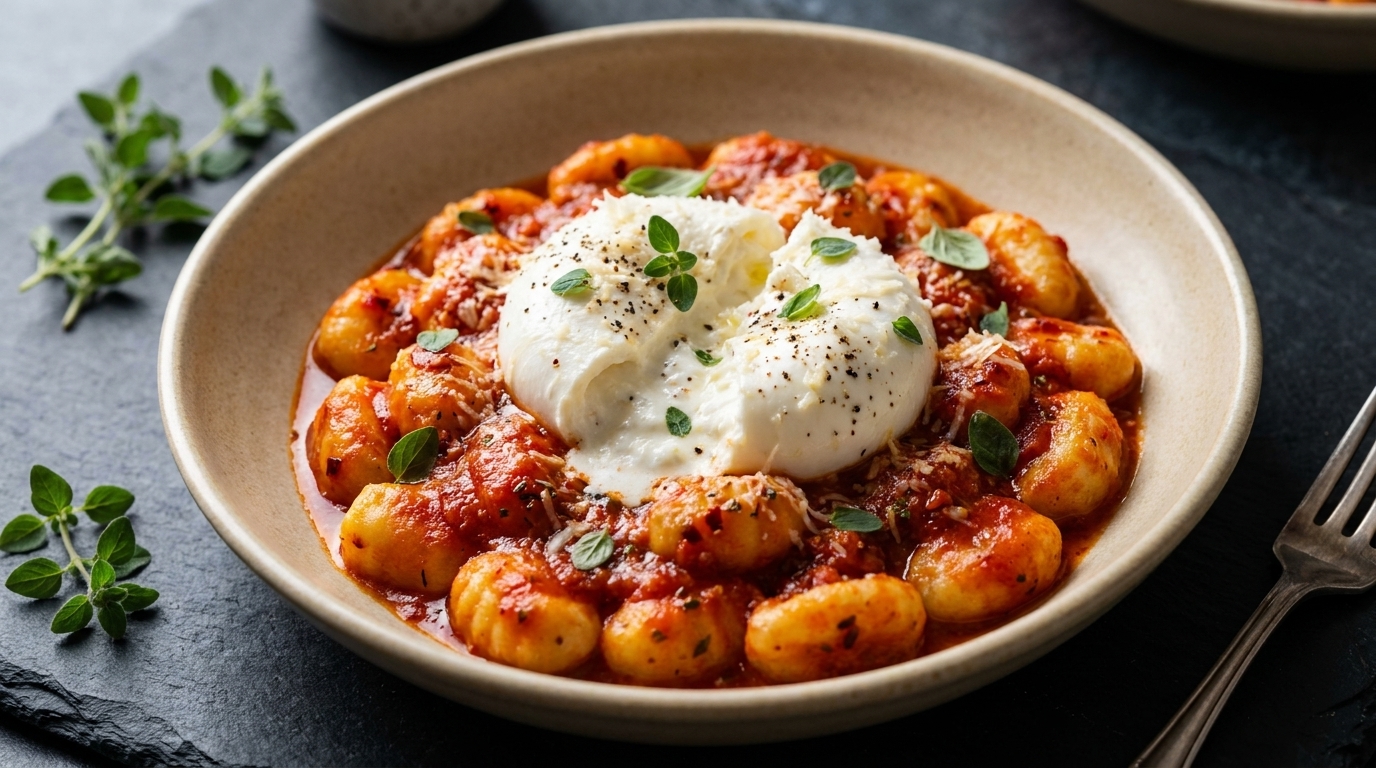 Homemade Potato Gnocchi with Spicy Tomato and Burrata