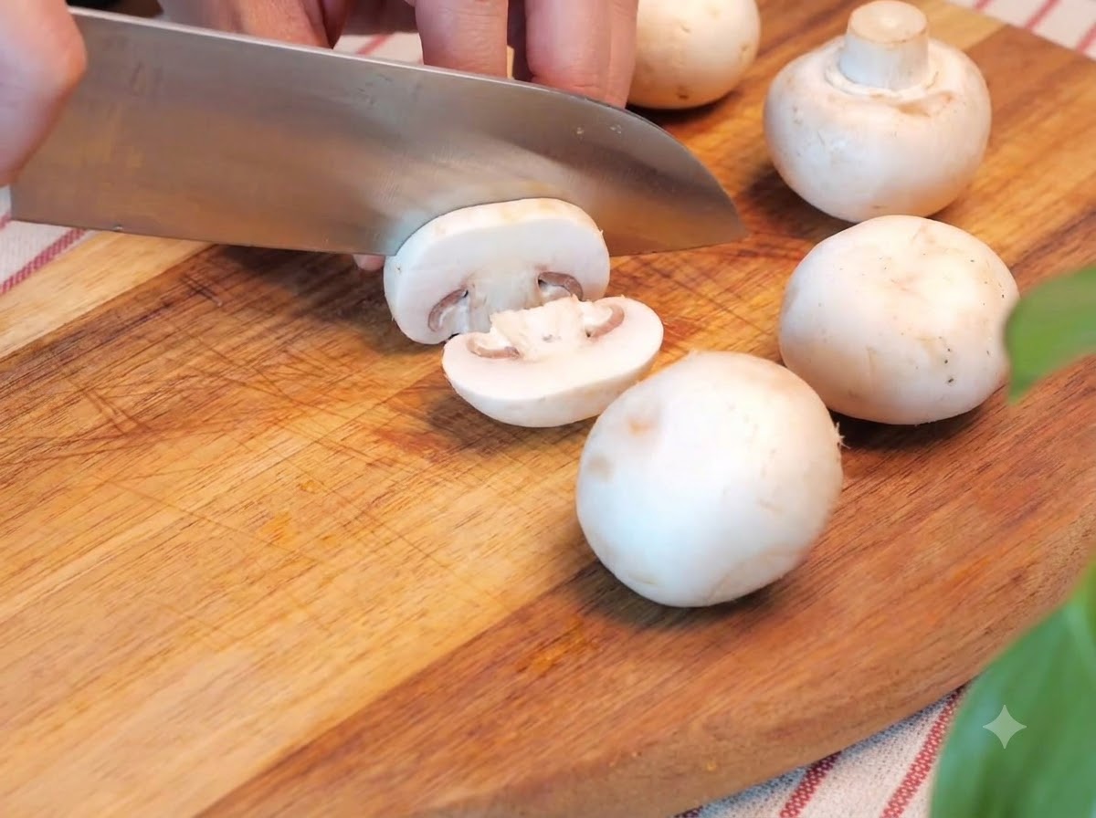 A kitchen knife cutting white mushrooms on a wooden cutting board alongside halved beef balls and cherry tomatoes.
