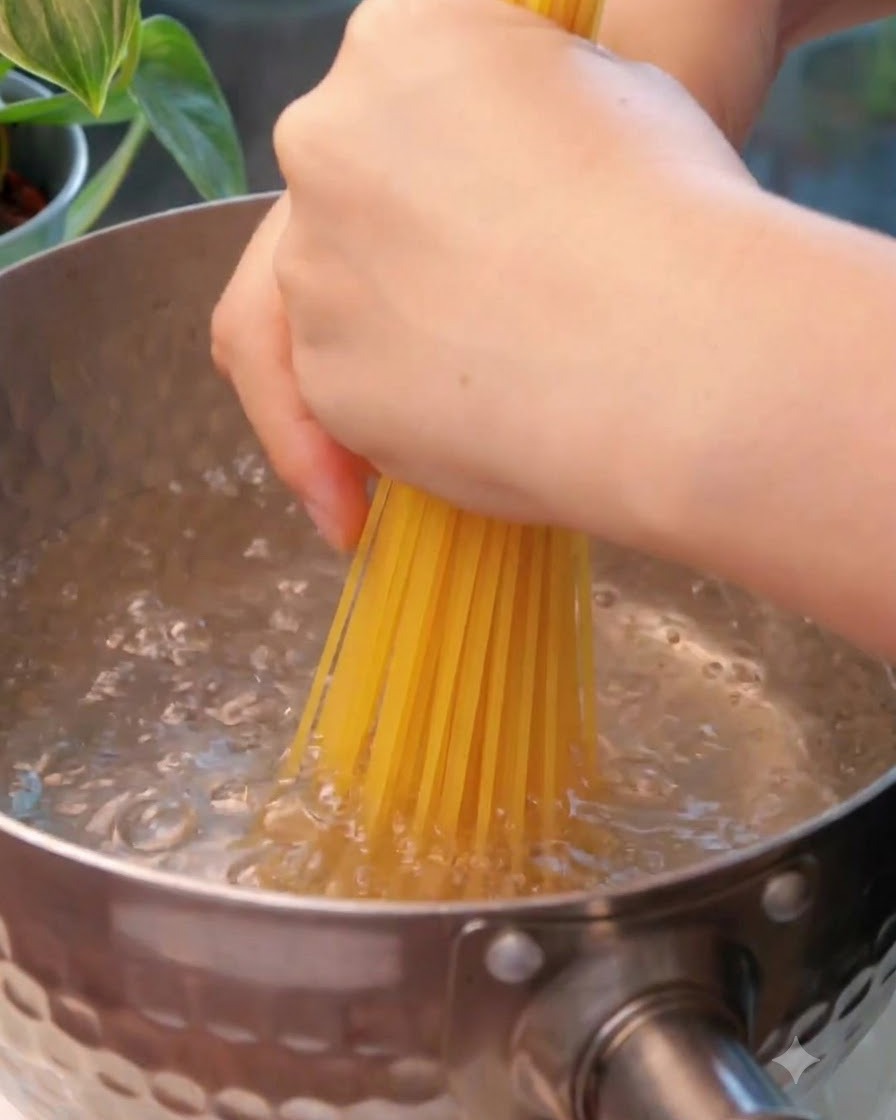 Hands holding a bundle of dry spaghetti and lowering it into a pot of bubbling boiling water.