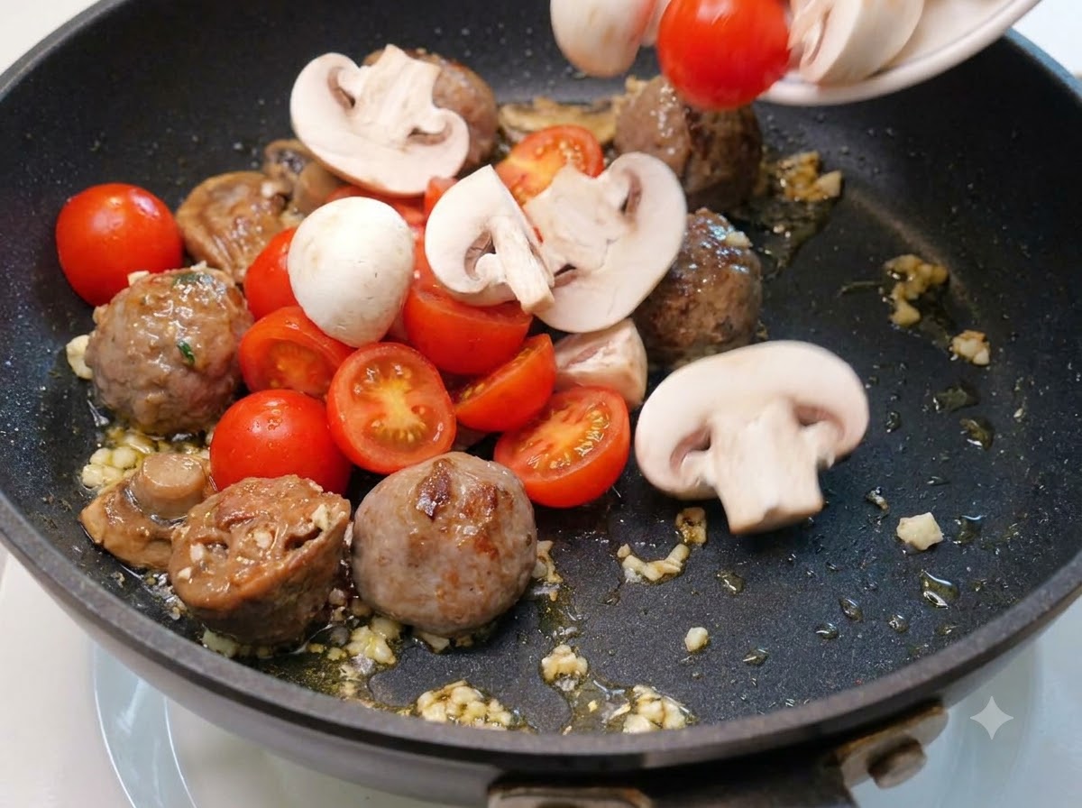 Cherry tomatoes and sliced mushrooms being tossed into the pan with beef balls and garlic.