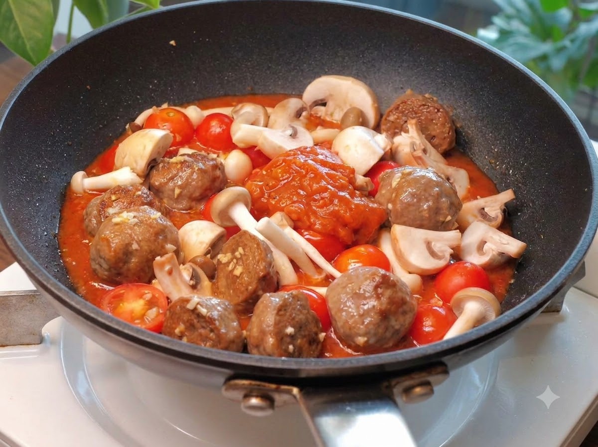 Red pasta sauce being poured from a packet into a skillet containing beef balls, mushrooms, and tomatoes.