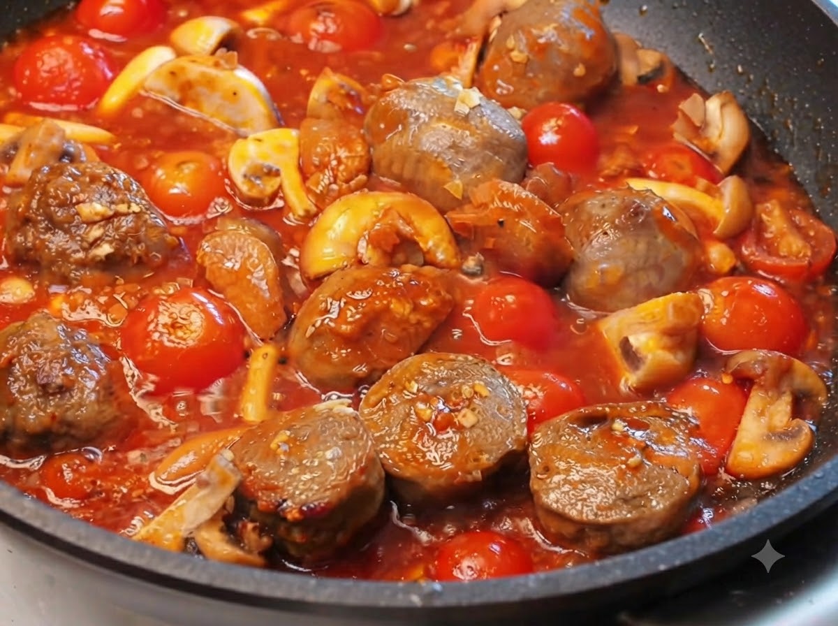 Boiled spaghetti noodles being mixed into a pan filled with rich tomato sauce, mushrooms, and beef balls.