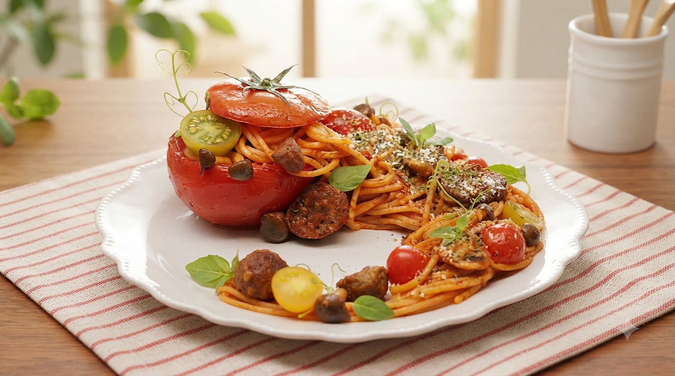 Tomato Beef Ball Spaghetti in a Roasted Tomato Bowl