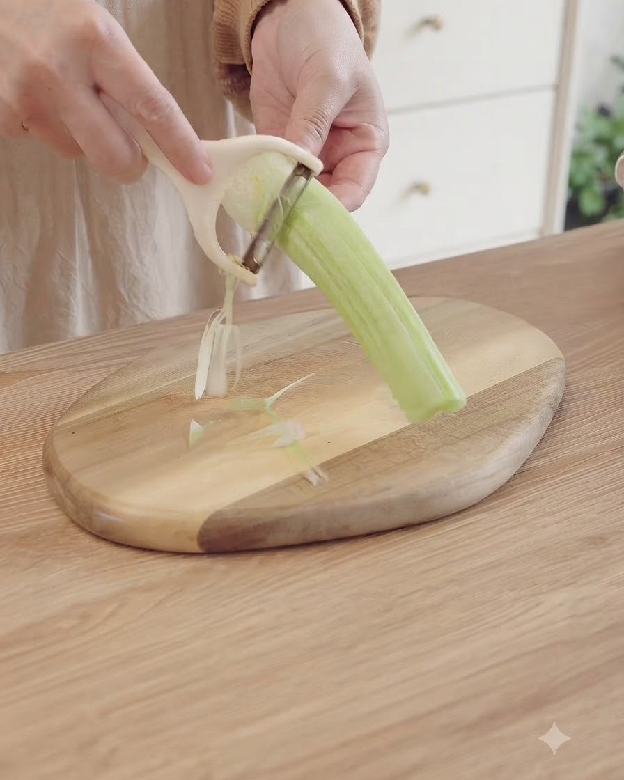 A close-up view of hands holding a vegetable peeler to strip the outer layer of a celery stalk on a wooden cutting board.