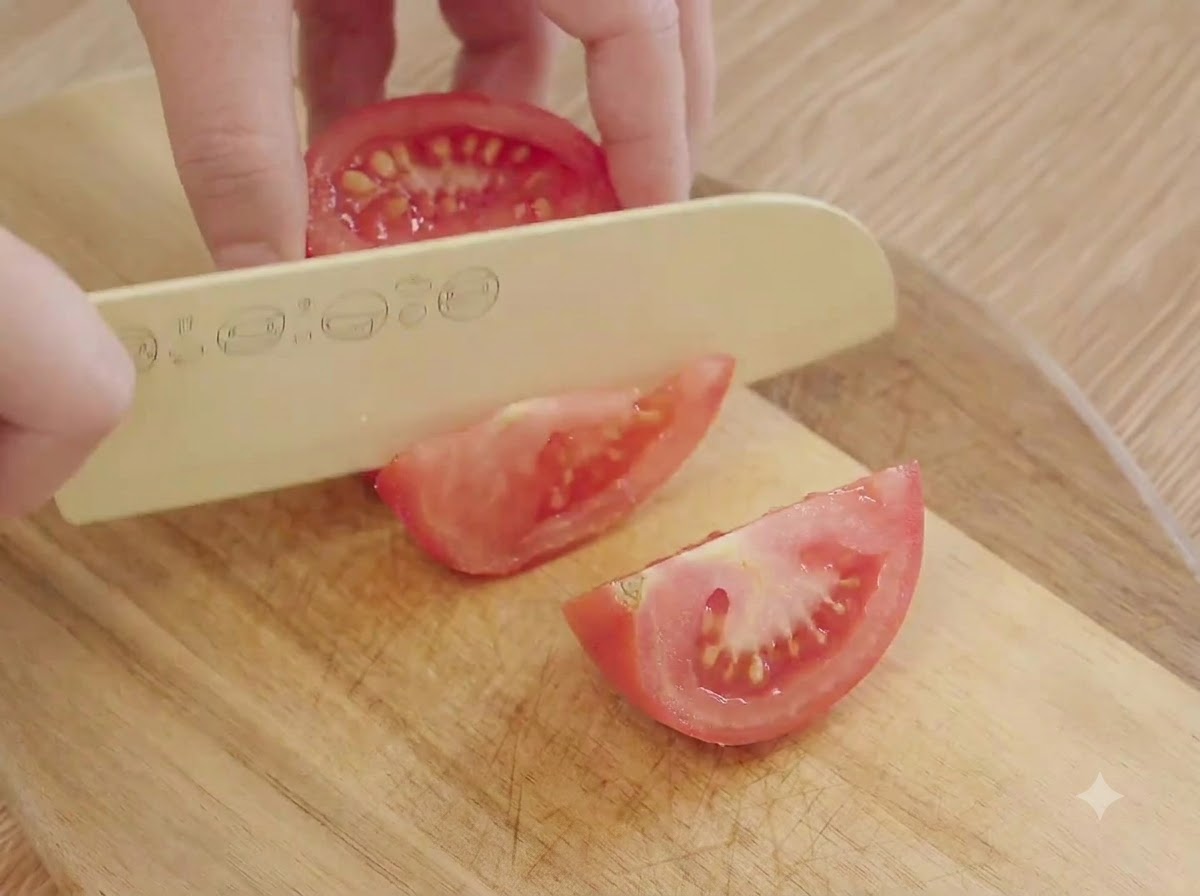 Fresh red tomatoes being cut into small chunks using a knife on a wooden board.