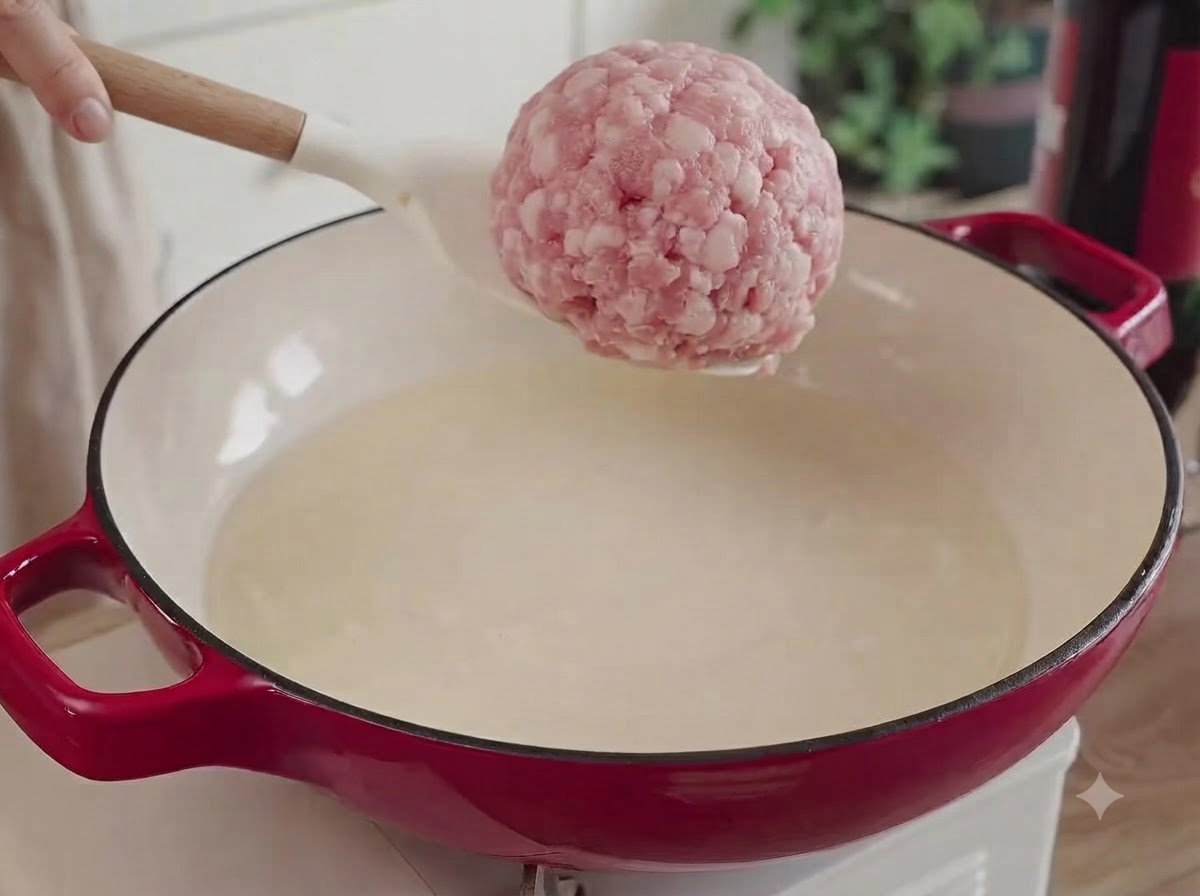 Ground beef and pork being added to a heated red pot with oil and stirred over high heat.