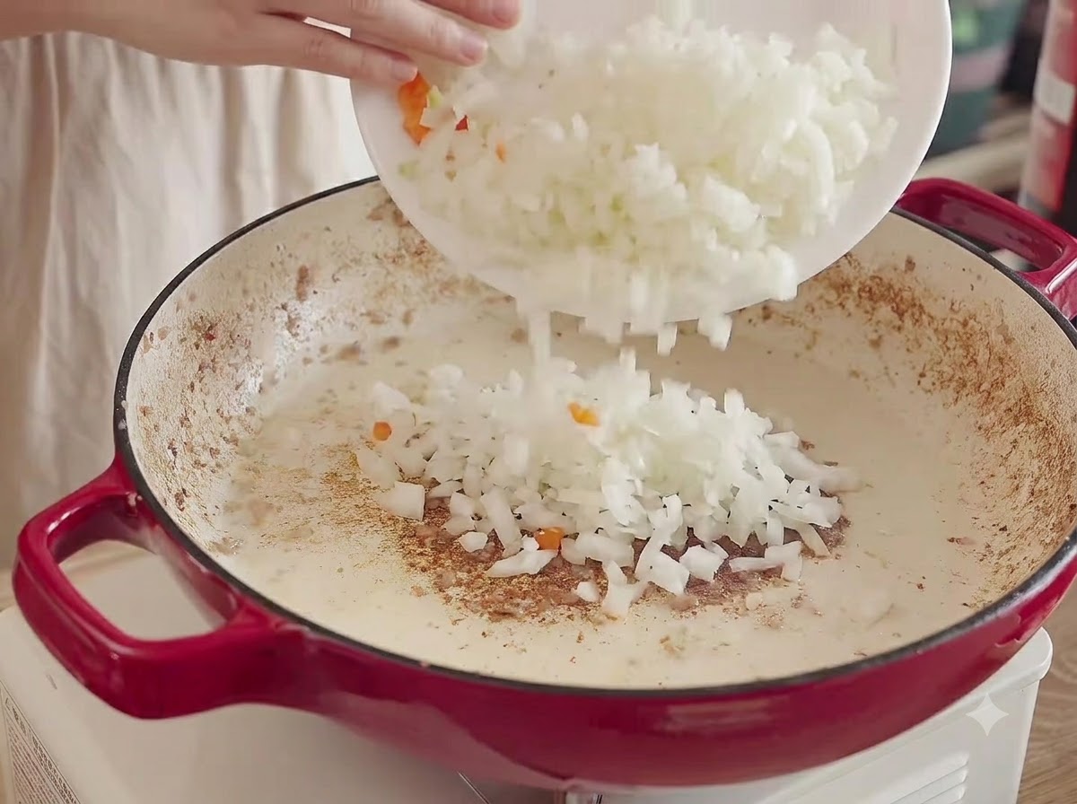 Diced onions, carrots, and celery being poured from a white plate into the heated pot to sauté.