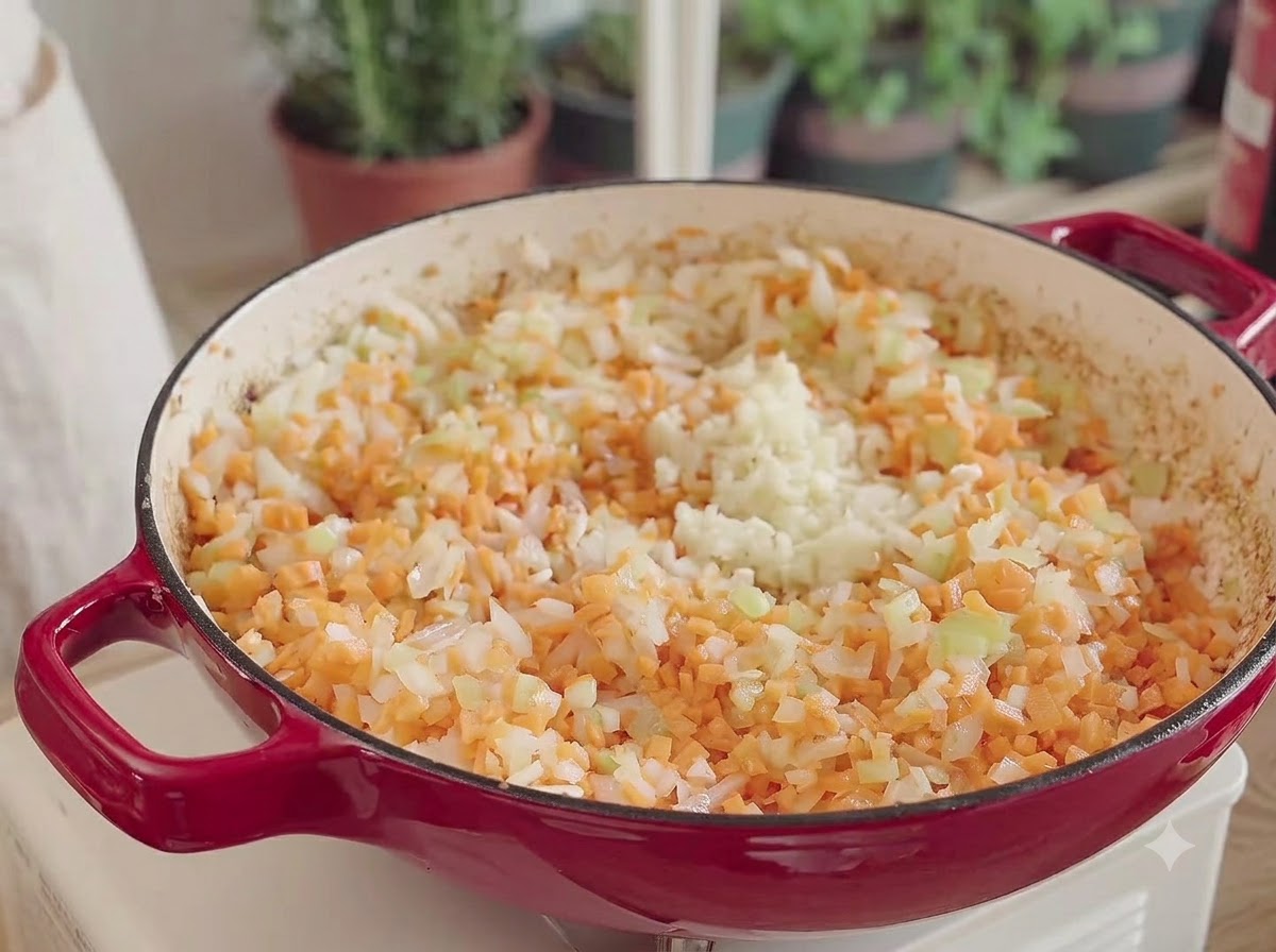 Chopped tomatoes, minced garlic, and a piece of butter mixed into the sautéed vegetables inside the red pot.