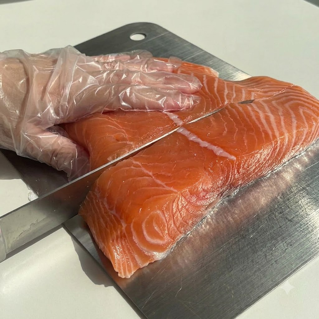 Salmon block being cut into pieces on a metal cutting board, black pepper being sprinkled and rubbed evenly onto the fish.