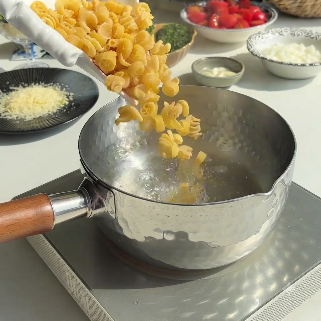 Pasta boiling in a pot of bubbling water on a stove.